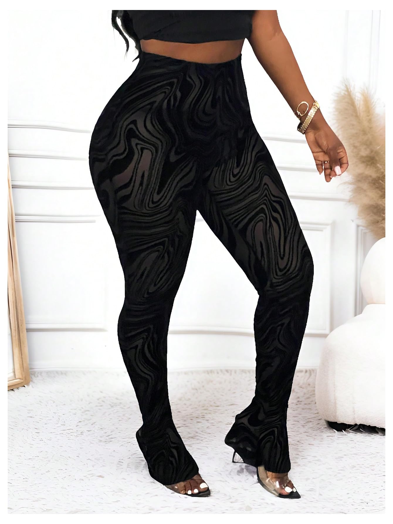 RoseSeek Women's Sheer Mesh Leggings See Through Bell Bottom Skinny Pants | High Waisted, Flared Skinny, Lace Pants, Going Out Bottoms, Bell Bottom Rave Outfits