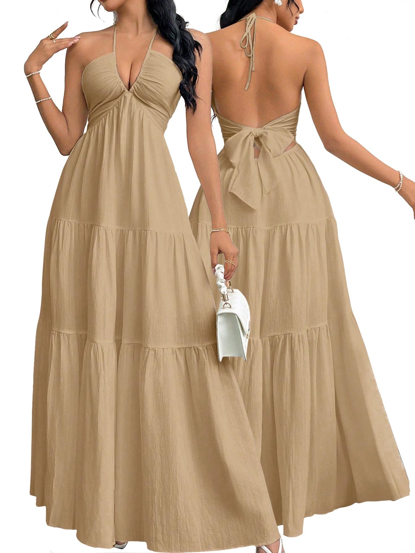 Narecte Women's Maxi Summer Dresses Halter V Neck Beach Dresses for Women A-Line Casual Dress for Vacation