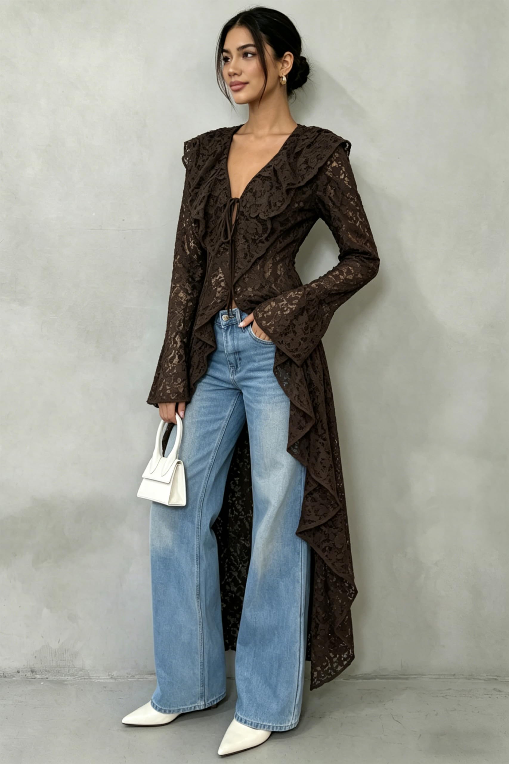 Lace Cardigan for Women Maxi Summer Lightweight Open Front Tie Bell Long Sleeve Ruffled Tops Duster Swimsuit Cover Up