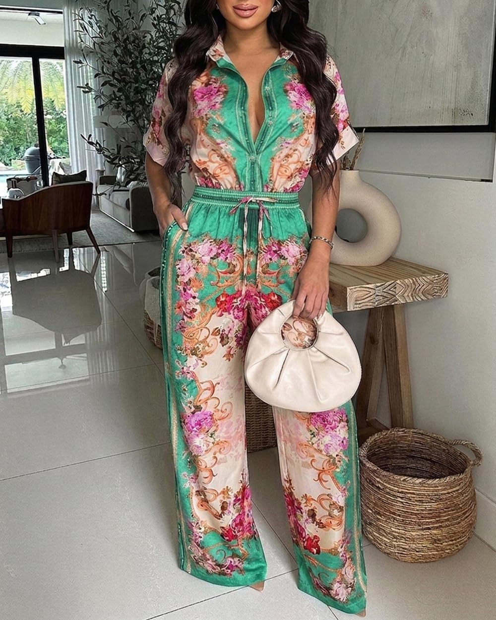CHICME Womens Jumpsuit Boho Floral Wide Leg Vacation Outfit | Long Pant Rompers with Pockets,Roll Up Short Sleeve,Button Front,Drawstring High Waist,One Piece,Casual,Summer Beach