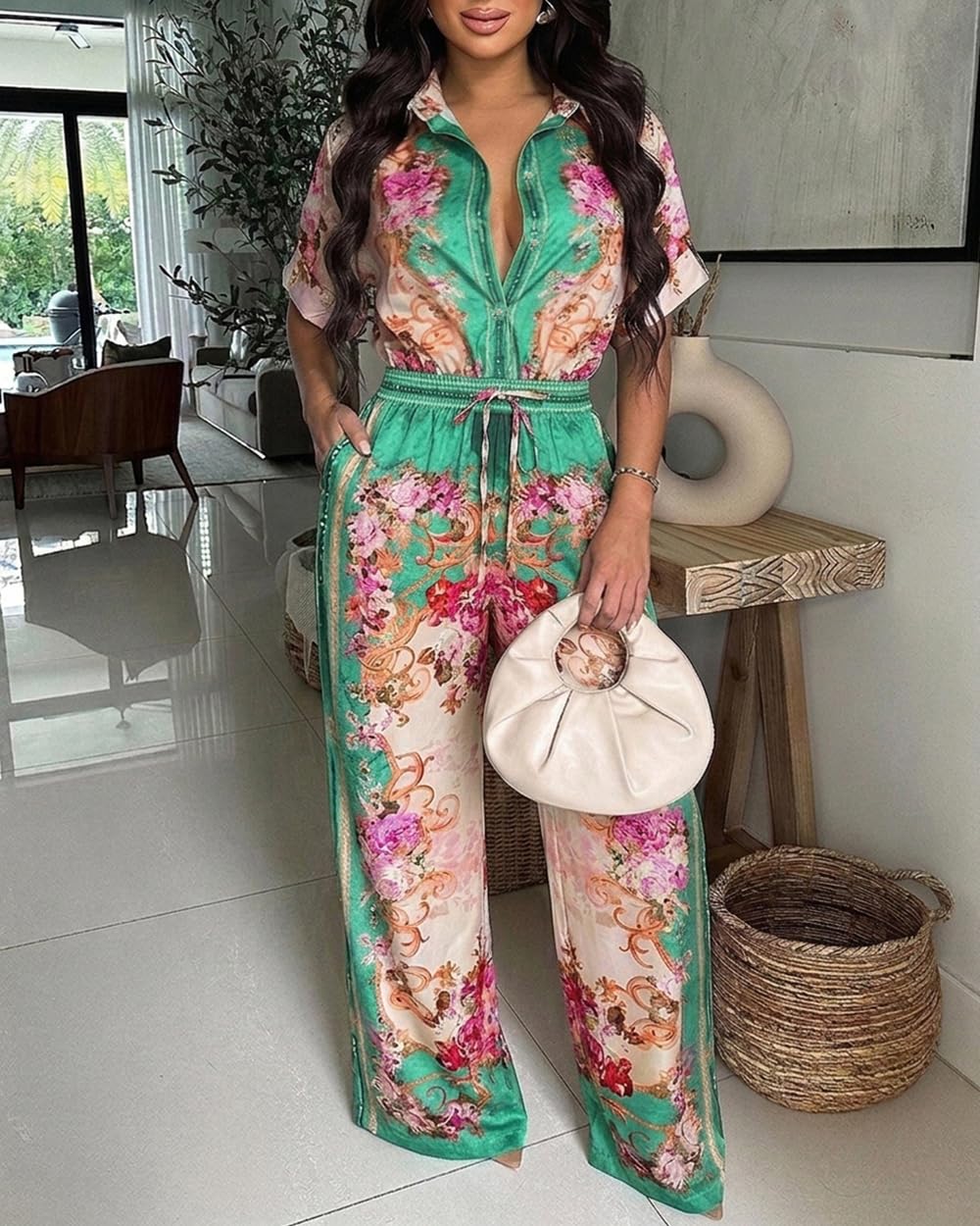 CHICME Womens Jumpsuit Boho Floral Wide Leg Vacation Outfit | Long Pant Rompers with Pockets,Roll Up Short Sleeve,Button Front,Drawstring High Waist,One Piece,Casual,Summer Beach