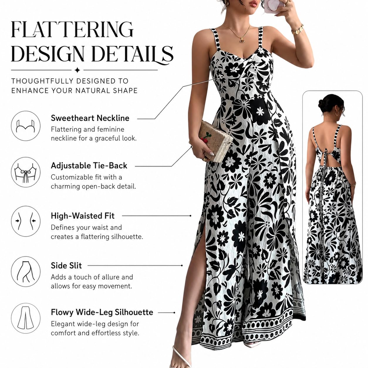 Women's Floral Wide Leg Jumpsuit Sleeveless Backless Side Slit Romper | Women's Floral Wide Leg Jumpsuit, Sleeveless Backless Slub-Textured Romper with Side Slits for Summer Beach Vacation