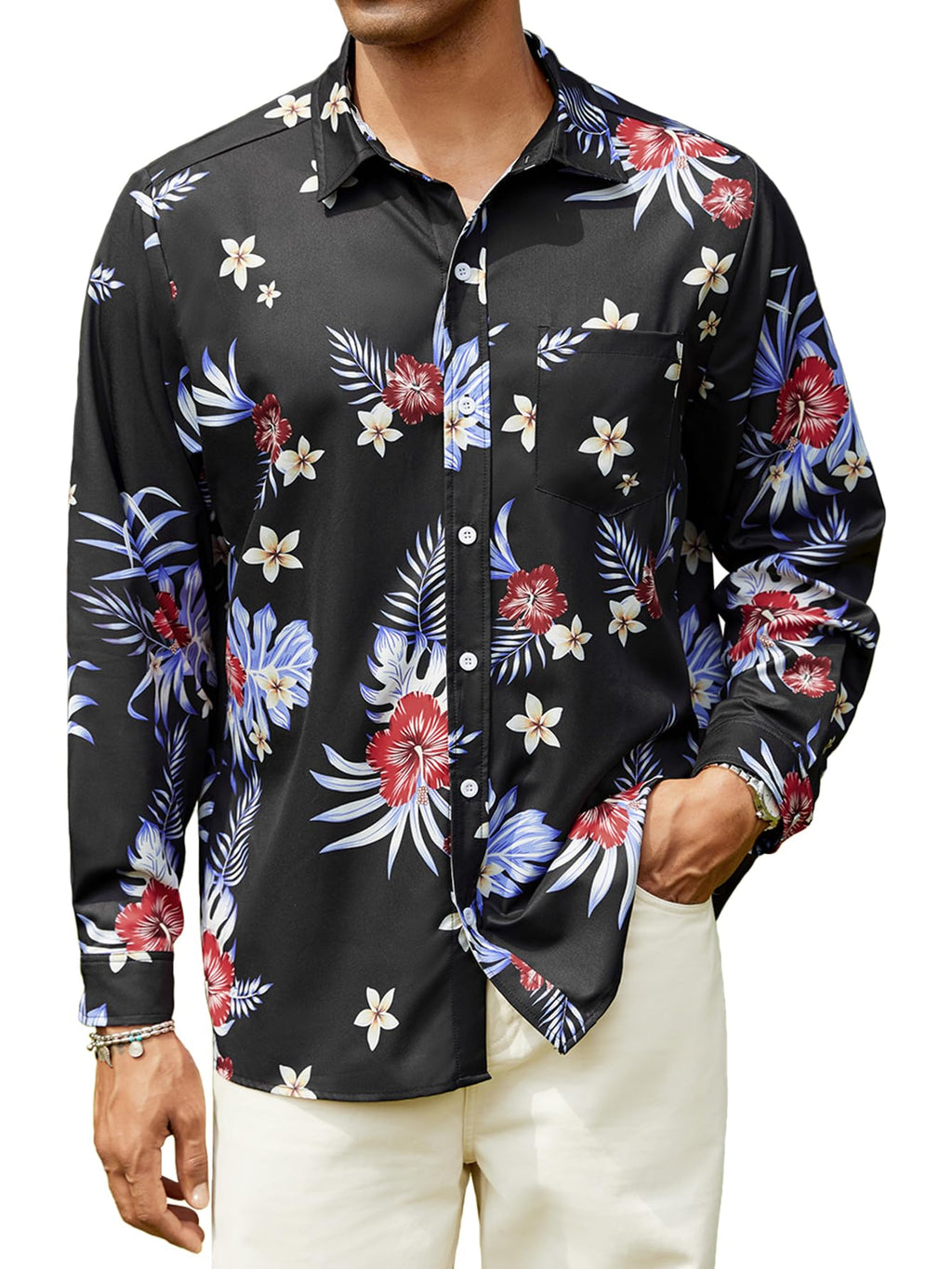Hardaddy Men's Tropical Floral Button Down Long Sleeve Hawaiian Shirt Flower Printed Beach Shirts