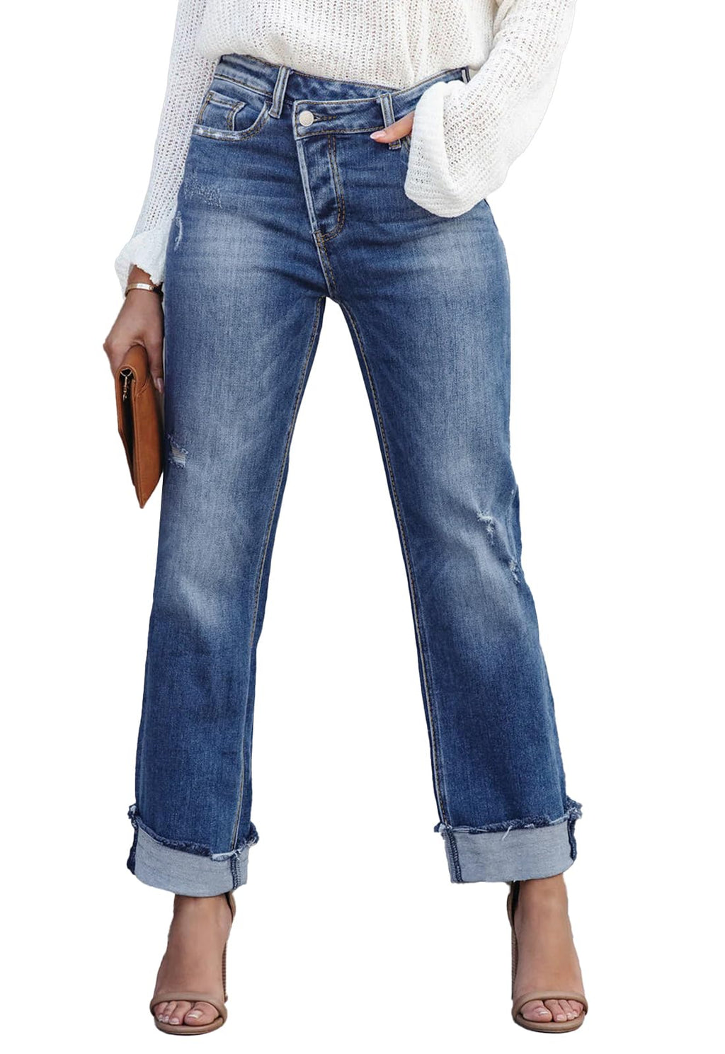Metietila Jeans for Women Trendy High Waisted Corssover Boyfriend Jeans Distressed Stretchy Denim Pants
