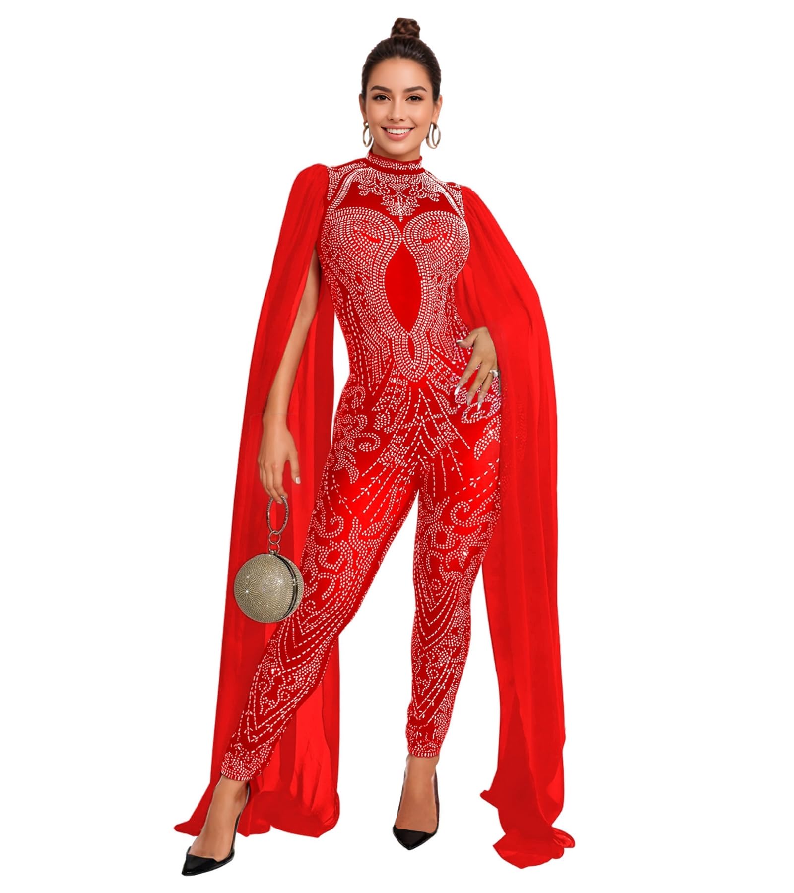PORRCEY Sexy Rhinestone Jumpsuit for Women Mesh See Through Romper Clubwear