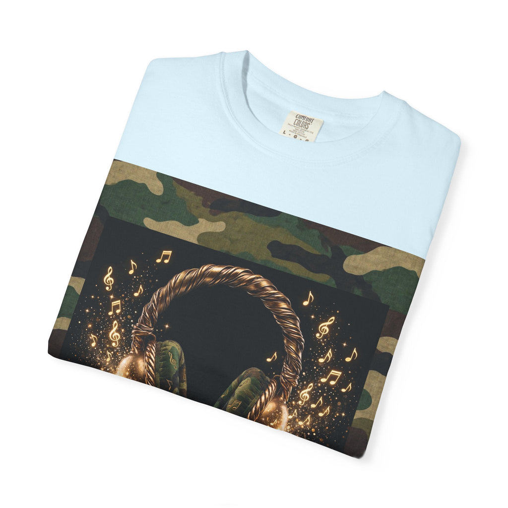 Camo Headphones Tee — Gold Spark DJ Music Graphic T-Shirt