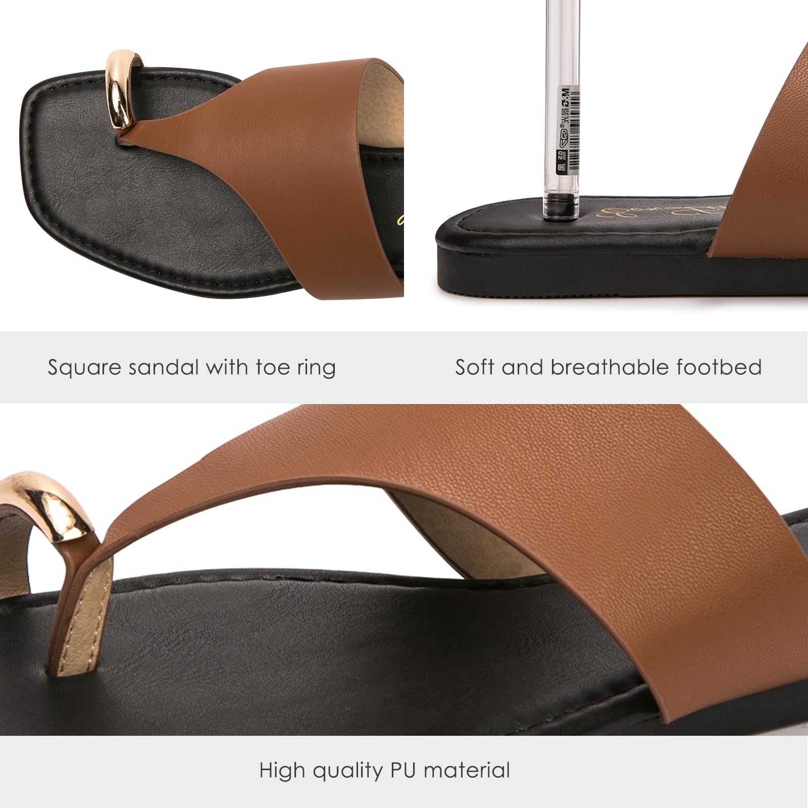 Eozlink Women's Toe Ring Flat Sandals, Slip On Dressy Summer Slides | PU Upper with Square Toe and Metal Accent for Resort and Casual Outfits