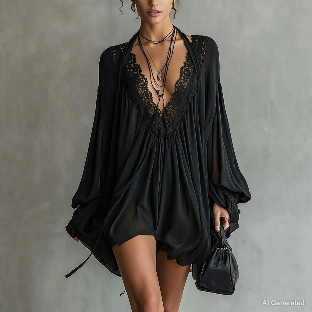 Women's Vintage Boho Chiffon Dress Navy Blue Baroque Print High Neck Irregular Lantern Sleeve Dress Casual Party Vacation