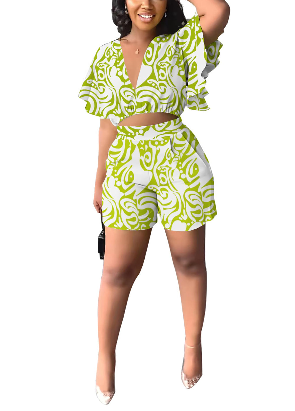 Womens Summer Two Piece Shorts Outfit Sexy Crop Top Butterfly Sleeve 2 pc Short Set Vacation Brunch Matching Set