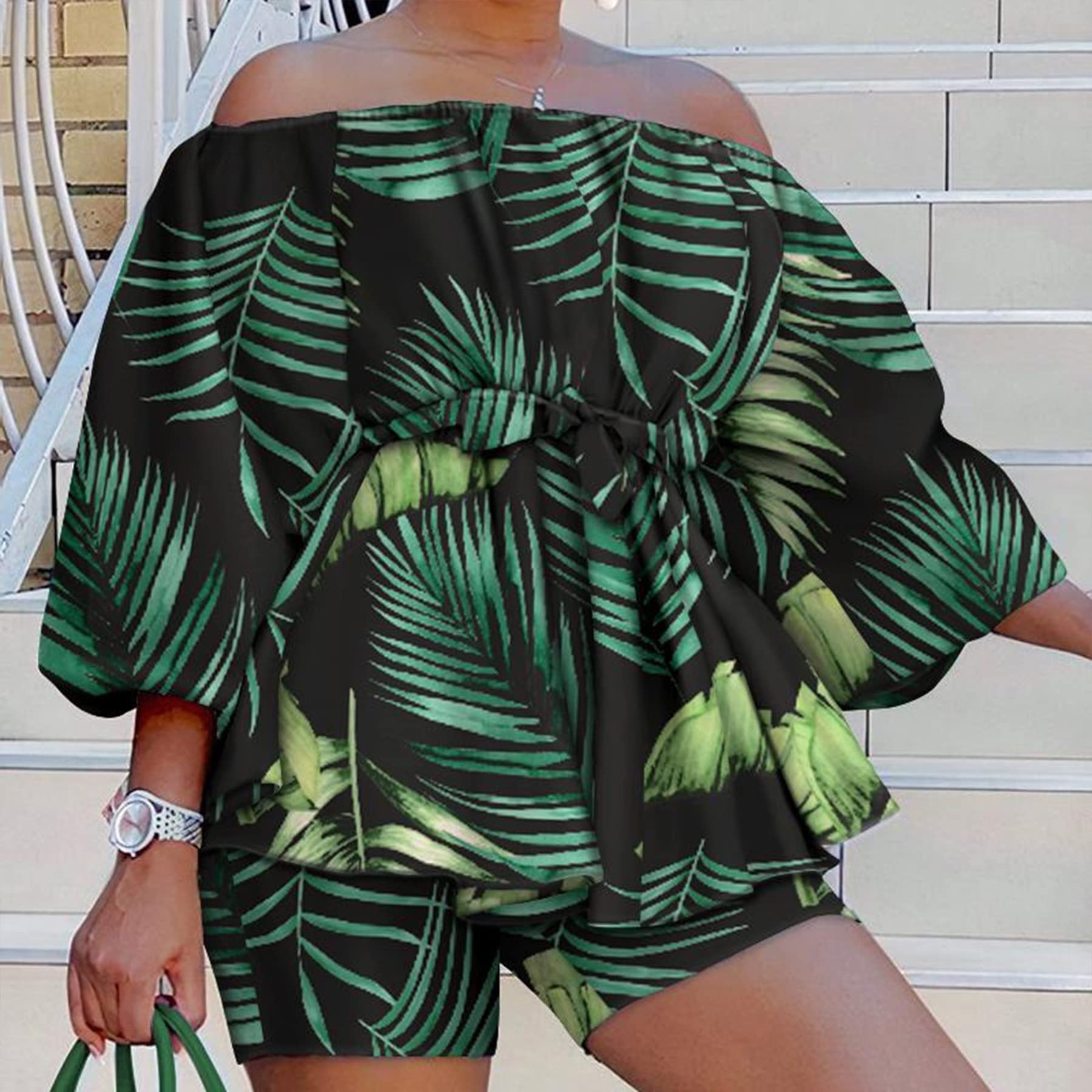 2 Piece Outfits for Women Sexy Off Shoulder Long Sleeve Plus Size Tops High Waisted Bodycon Shorts Set