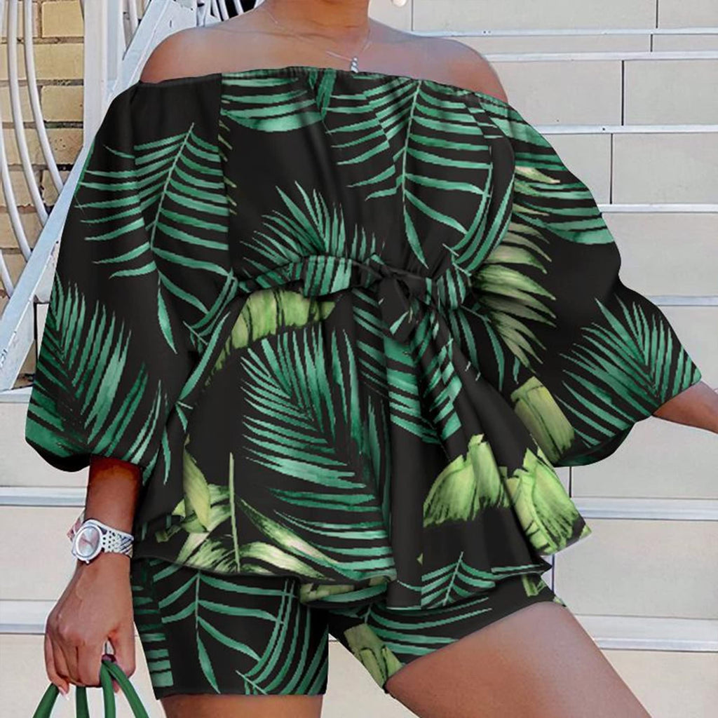 2 Piece Outfits for Women Sexy Off Shoulder Long Sleeve Plus Size Tops High Waisted Bodycon Shorts Set