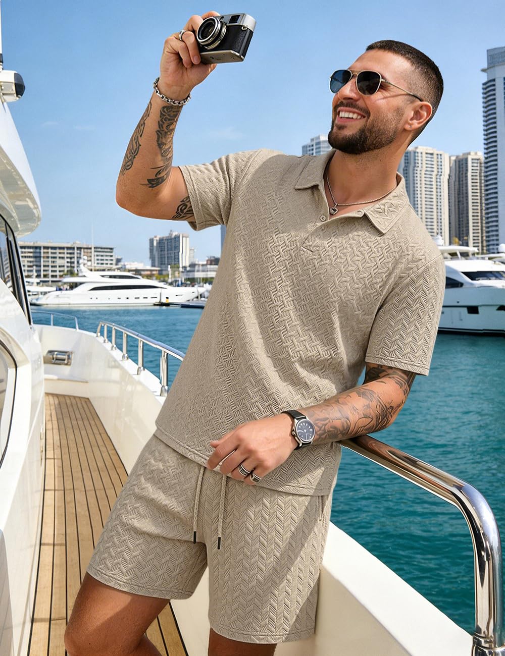 Men's 2 Pieces Outfits Casual Polo Shirt and Shorts Set Collar Athletic Jogging Summer Tracksuit