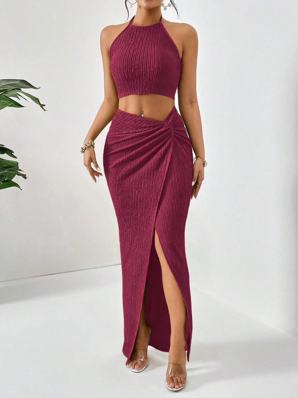 BEAUDRM Women's 2 Pieces Summer Outfits Textured Halter Crop Top and Split Maxi Skirt Set S Going Out Beach Vacation Outfits