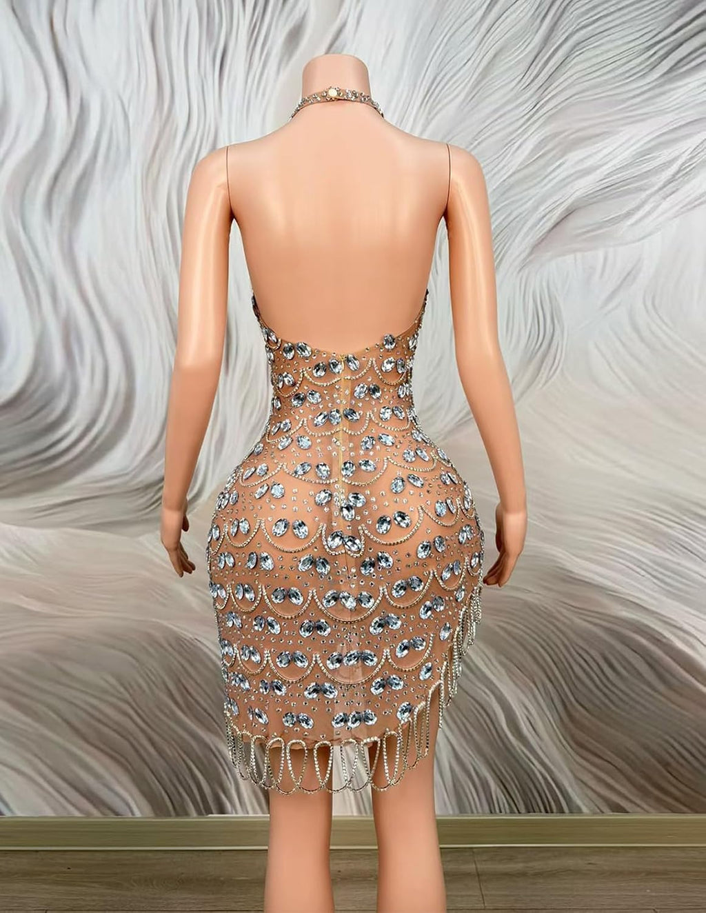 Rhinestone Halter Neck Homecoming Cocktail Nightclub Mini Dress Nude Sheer Chain Fringe Bodycon Birthday Party Gown
