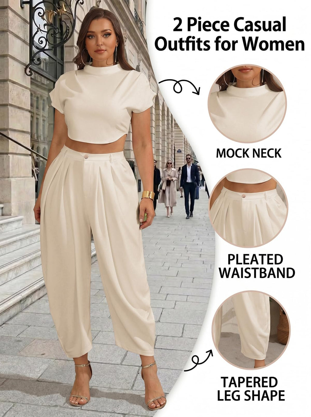 Ekaliy Womens Casual 2 Piece Outfits Cap Sleeve Crop Top Palazzo Pants Set | Mock Neck,Short Sleeve,Zipper-Back Crop Top,High-Waisted Pleated Pants,Wide Leg Dress Pants,2 Piece Sets For Women Dressy