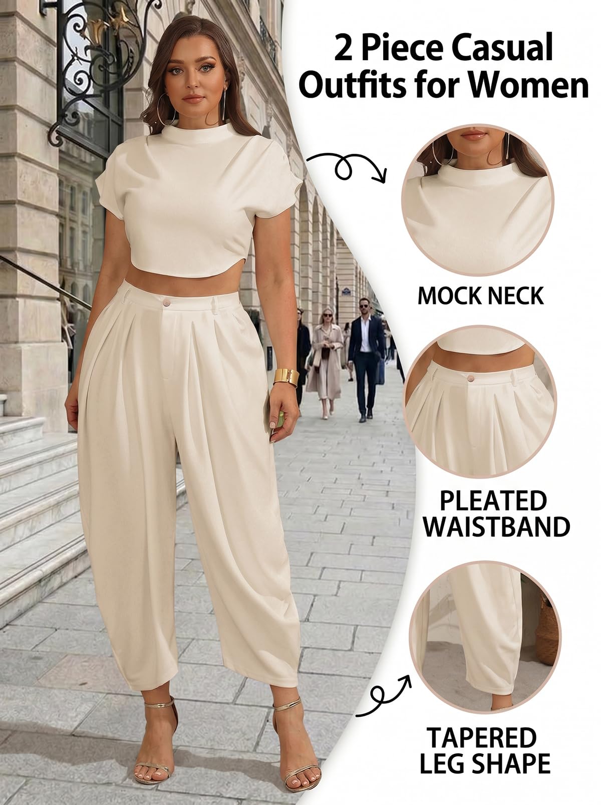 Ekaliy Womens Casual 2 Piece Outfits Cap Sleeve Crop Top Palazzo Pants Set | Mock Neck,Short Sleeve,Zipper-Back Crop Top,High-Waisted Pleated Pants,Wide Leg Dress Pants,2 Piece Sets For Women Dressy