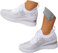 Rhinestone Wedge Sneakers for Women Dressy Fashion Breathable Spakle Glitter Wedding Sneakers for Bride Orthopedic Wedge Lightweight Shoes Sparkly Chunky Mesh Slip on Elastic Tennis Walking Shoes