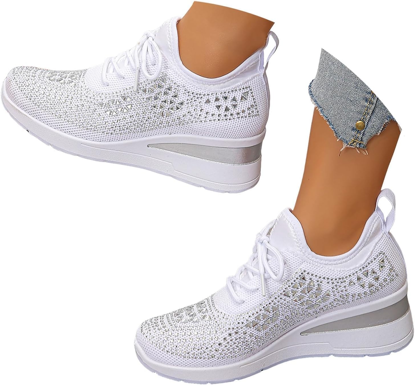 Rhinestone Wedge Sneakers for Women Dressy Fashion Breathable Spakle Glitter Wedding Sneakers for Bride Orthopedic Wedge Lightweight Shoes Sparkly Chunky Mesh Slip on Elastic Tennis Walking Shoes