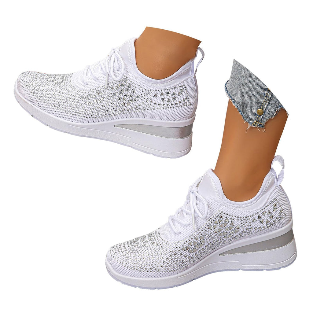 Rhinestone Wedge Sneakers for Women Dressy Fashion Breathable Spakle Glitter Wedding Sneakers for Bride Orthopedic Wedge Lightweight Shoes Sparkly Chunky Mesh Slip on Elastic Tennis Walking Shoes