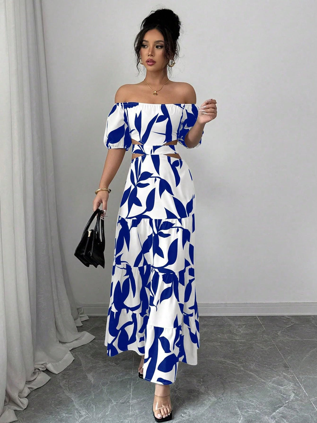 Women's Boho Off The Shoulder Short Sleeve Maxi Dresses Casual Summer Tiered Ruffle Swing Cut Out Flowy Dress