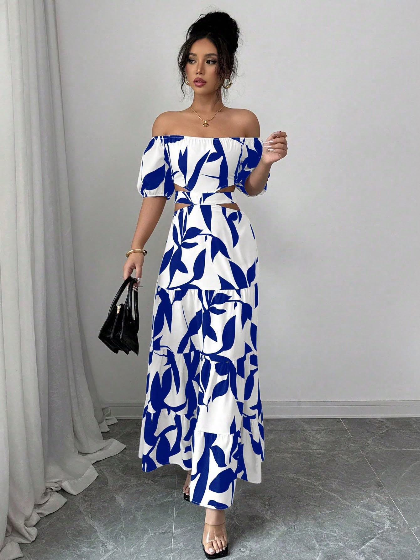 Women's Boho Off The Shoulder Short Sleeve Maxi Dresses Casual Summer Tiered Ruffle Swing Cut Out Flowy Dress