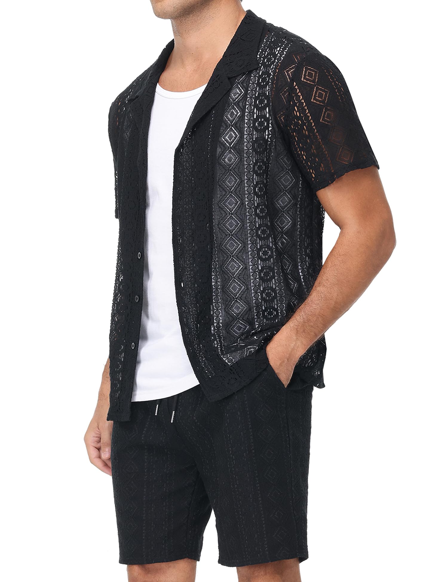 Men 2 Piece Shorts Set Sexy Lace Mesh Sheer Short Sleeve Summer Rave Outfit