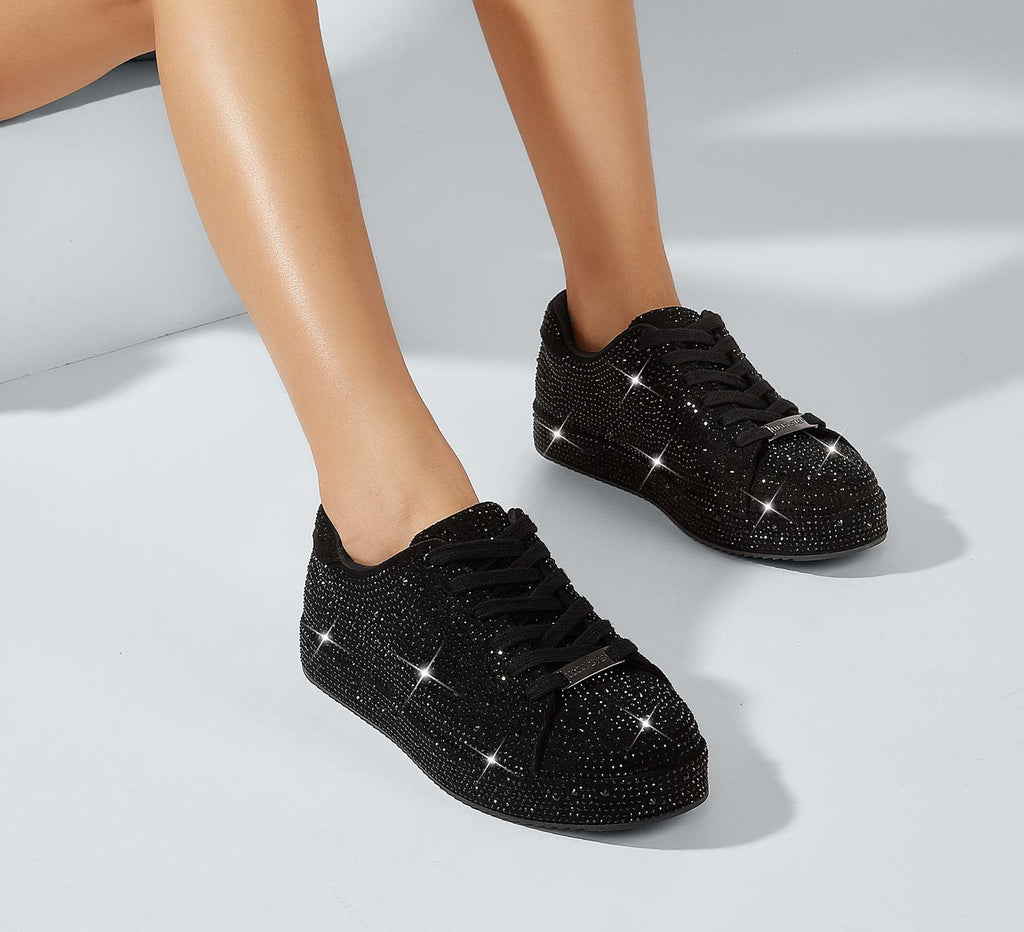 LUCKY STEP Women's Platform Rhinestone Sneakers | Sparkly Fashion Glitter Material|Sparkle Bling Bedazzled|Wedding Bridal Shiny Shoes
