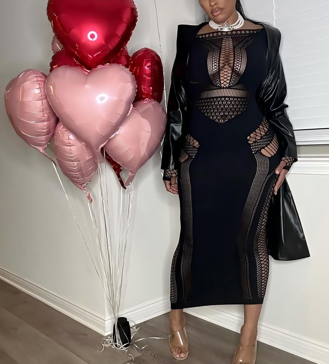 Womens Mesh Bodycon Midi Dress | Stretchy Cutout,Long Sleeve See Through, Suitable For Nightclub, Cocktail Party And Evening Events