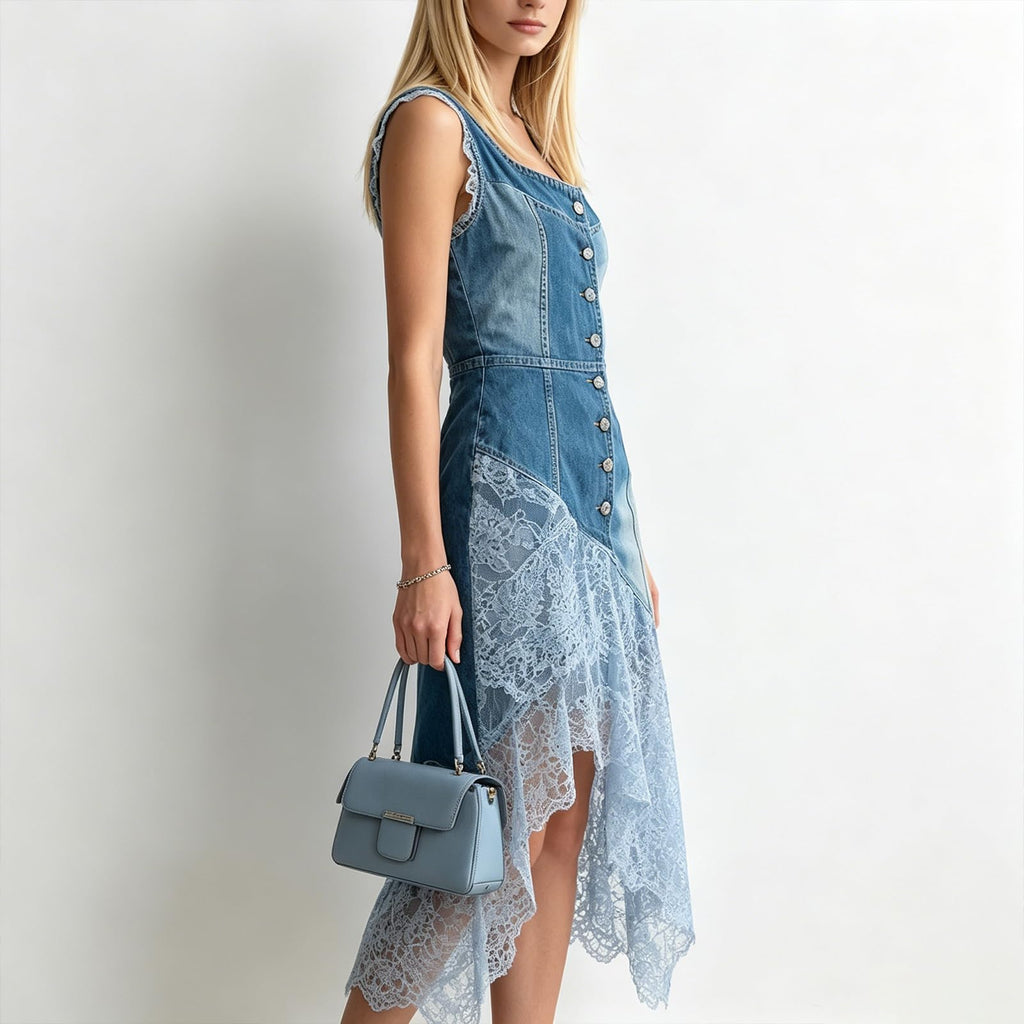 Women's Halter Denim Sleeveless Shirt Dress Mesh Patchwork Irregular High‑Low Maxi Dress Ruffled Tiered Vacation Dress