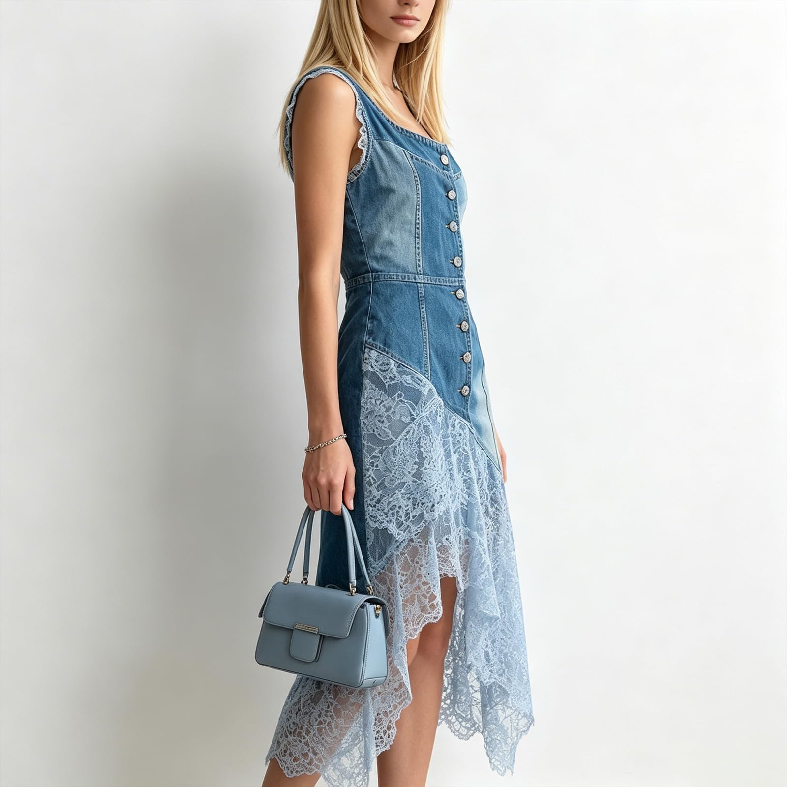 Women's Halter Denim Sleeveless Shirt Dress Mesh Patchwork Irregular High‑Low Maxi Dress Ruffled Tiered Vacation Dress