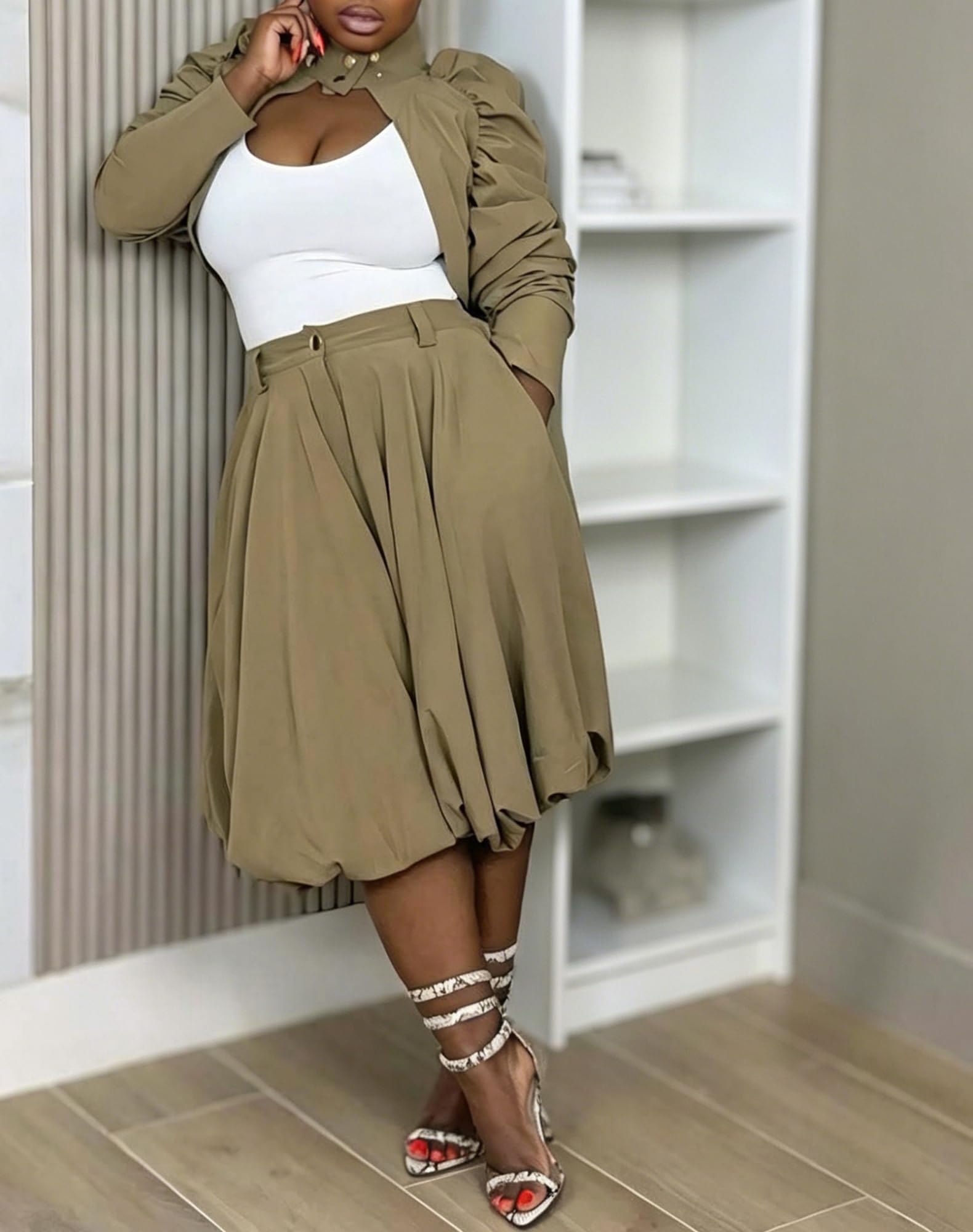 Women's Wide Leg Capri Pants Baggy Pleated Cropped Bubble Pants | High Waisted,with Pockets,Casual,Soft and Lightweight,Skirt Pants,Lantern Balloon Pants