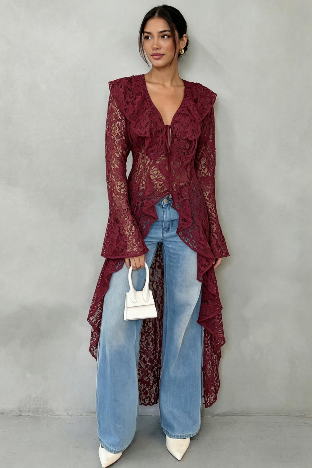 Lace Cardigan for Women Maxi Summer Lightweight Open Front Tie Bell Long Sleeve Ruffled Tops Duster Swimsuit Cover Up