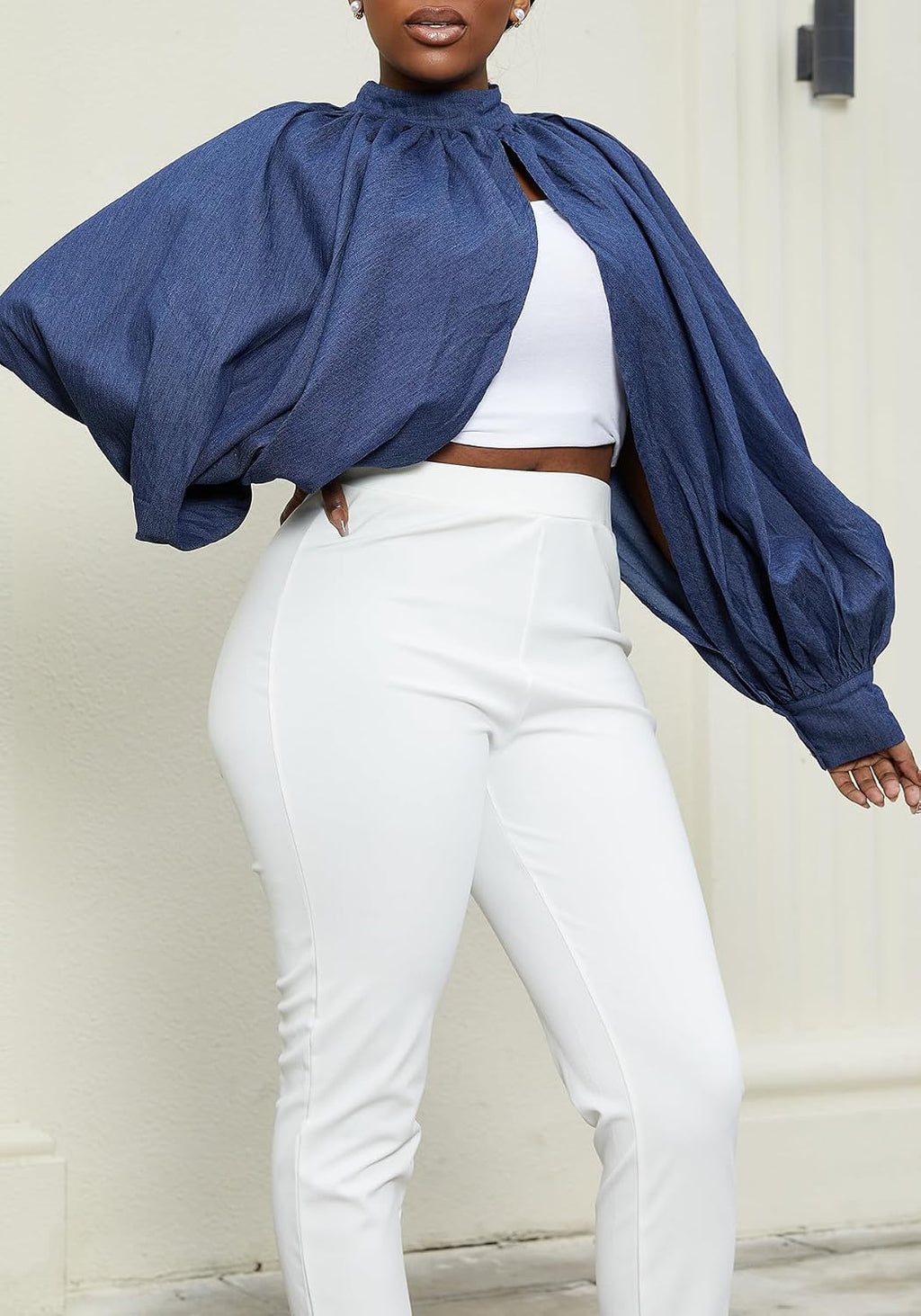 LETSVDO Women's Sexy Denim Crop Top Mock Neck Backless Puff Sleeve Open Front Bolero Shrug Asymmetrical Jean Blouse 2023