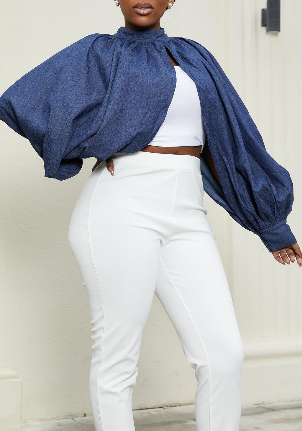 LETSVDO Women's Sexy Denim Crop Top Mock Neck Backless Puff Sleeve Open Front Bolero Shrug Asymmetrical Jean Blouse 2023