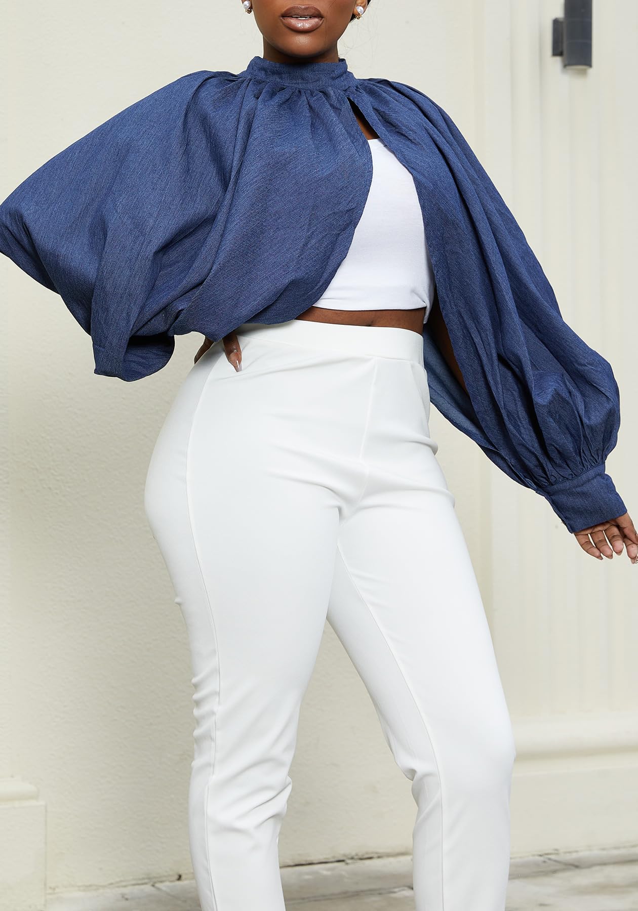 LETSVDO Women's Sexy Denim Crop Top Mock Neck Backless Puff Sleeve Open Front Bolero Shrug Asymmetrical Jean Blouse 2023