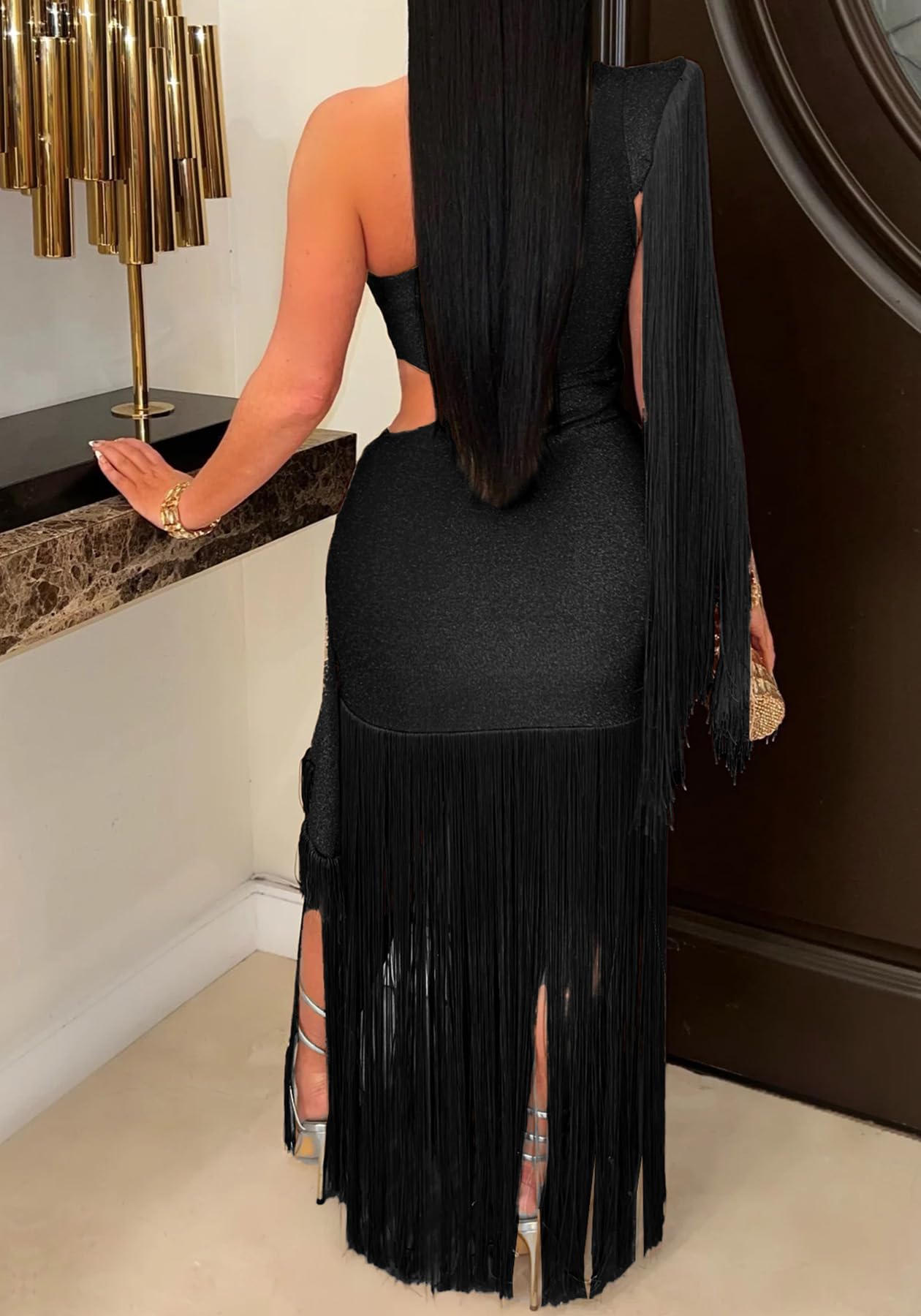 Geulis Women Wedding Guest Dresses Elegant One Shlouder Fringe Dress | Sexy Bodycon Maxi Dress,Cutout off the Shoulder Cocktail Evening Party Formal Dress,Sparkly Glitter,With Tassels