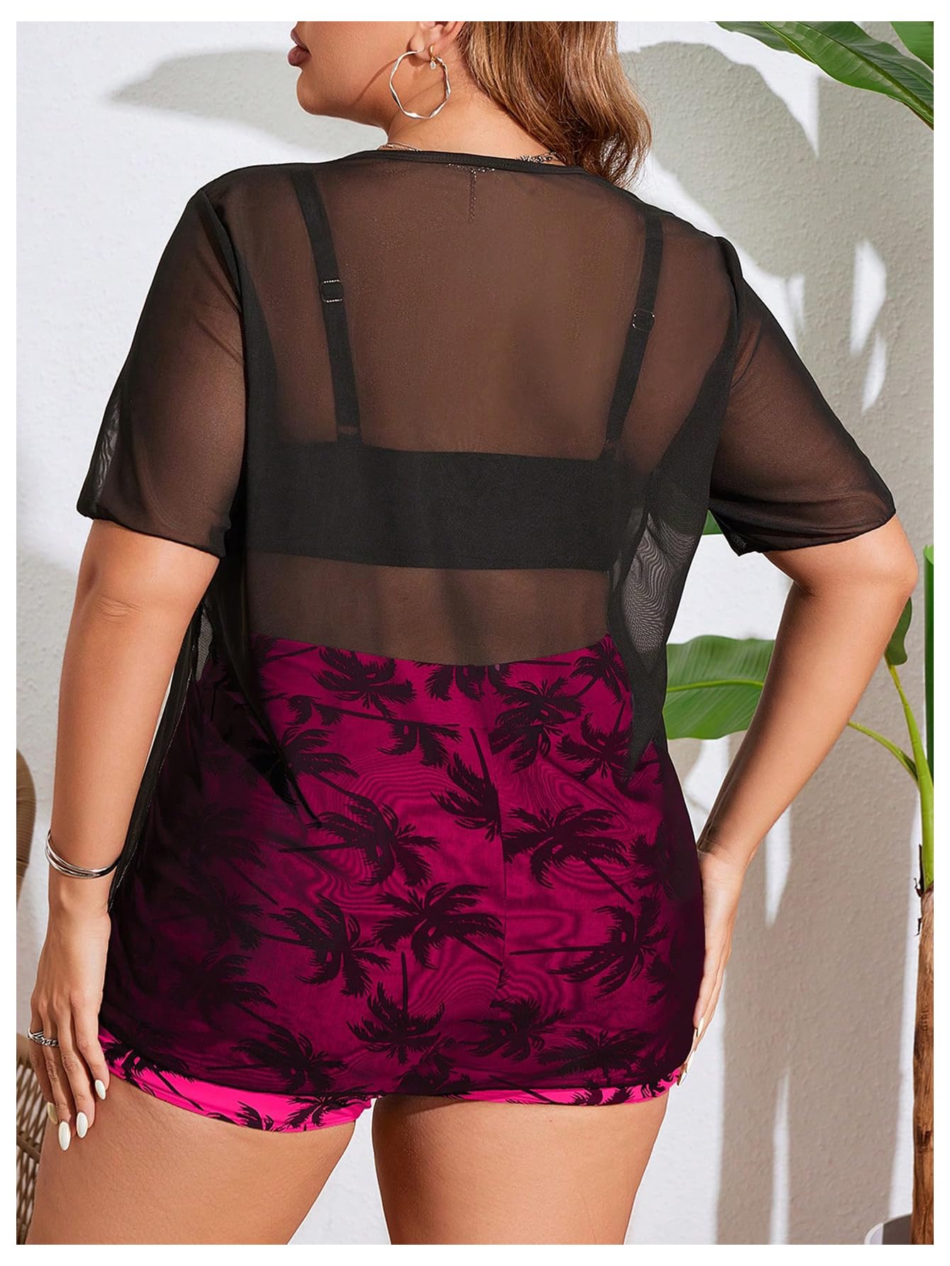 Women's 3 Piece Plus Size Swimsuit Tankini Shorts Set High Waisted Bathing Suit Graphic Beachwear with Mesh Cover Up