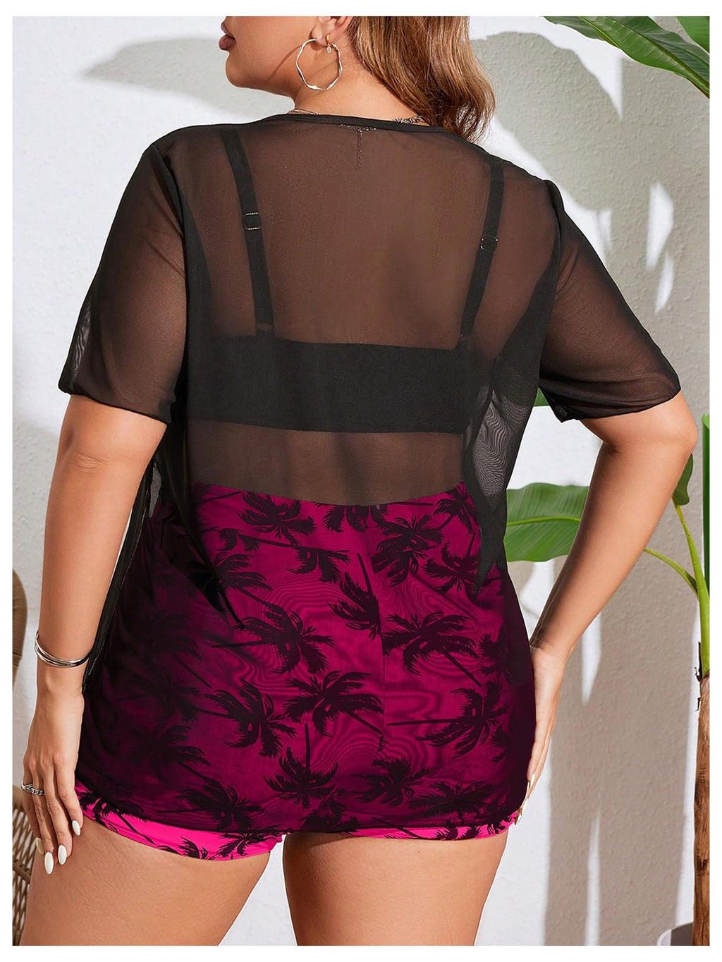 Women's 3 Piece Plus Size Swimsuit Tankini Shorts Set High Waisted Bathing Suit Graphic Beachwear with Mesh Cover Up