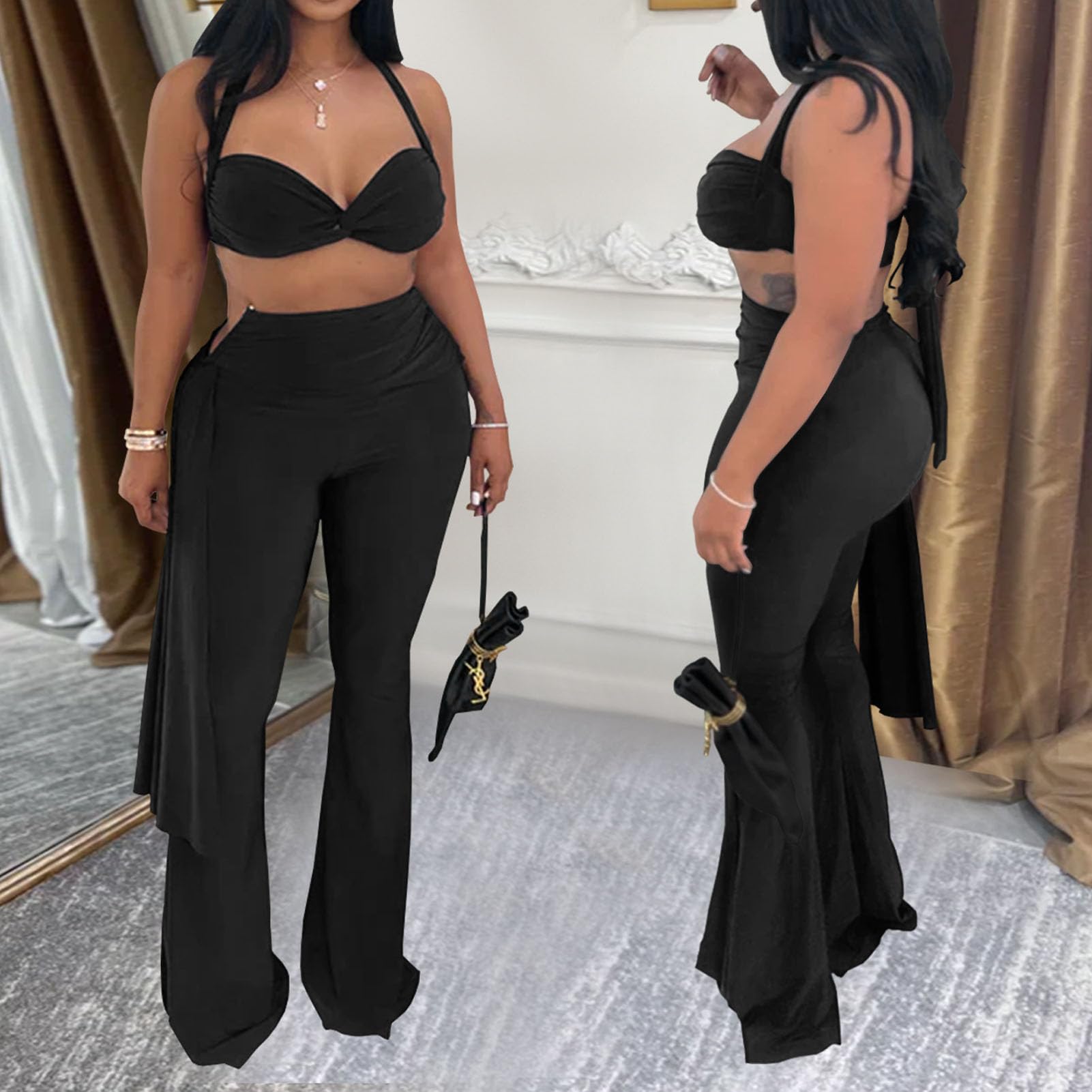 Women's Two Piece Outfits Crop Top and Flare Pants Set Club Going Out | Crop Top, Flare Pants Set, Going Out Sets, Two Piece Sets for Women Going Out, Two Piece Concert Outfits, Sexy Club Outfits