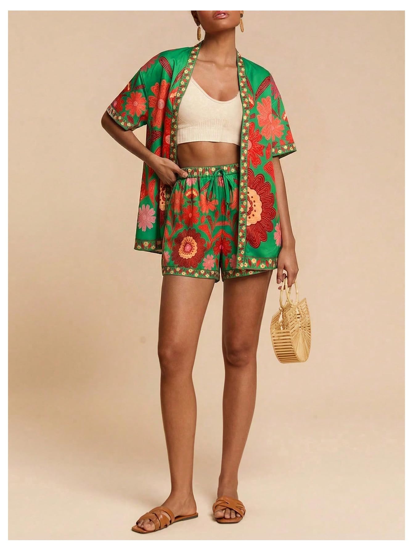 MakeMeChic Women's Two Piece Sets Summer Tropical Vacation Outfits Boho Floral Kimono Tops Shorts Set