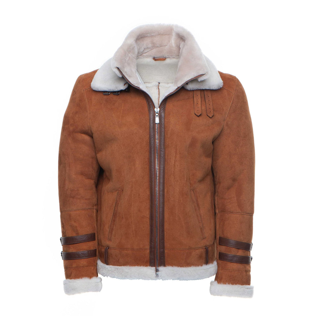 Hagans Tan Aviator Bomber Suede Shearling Jacket
