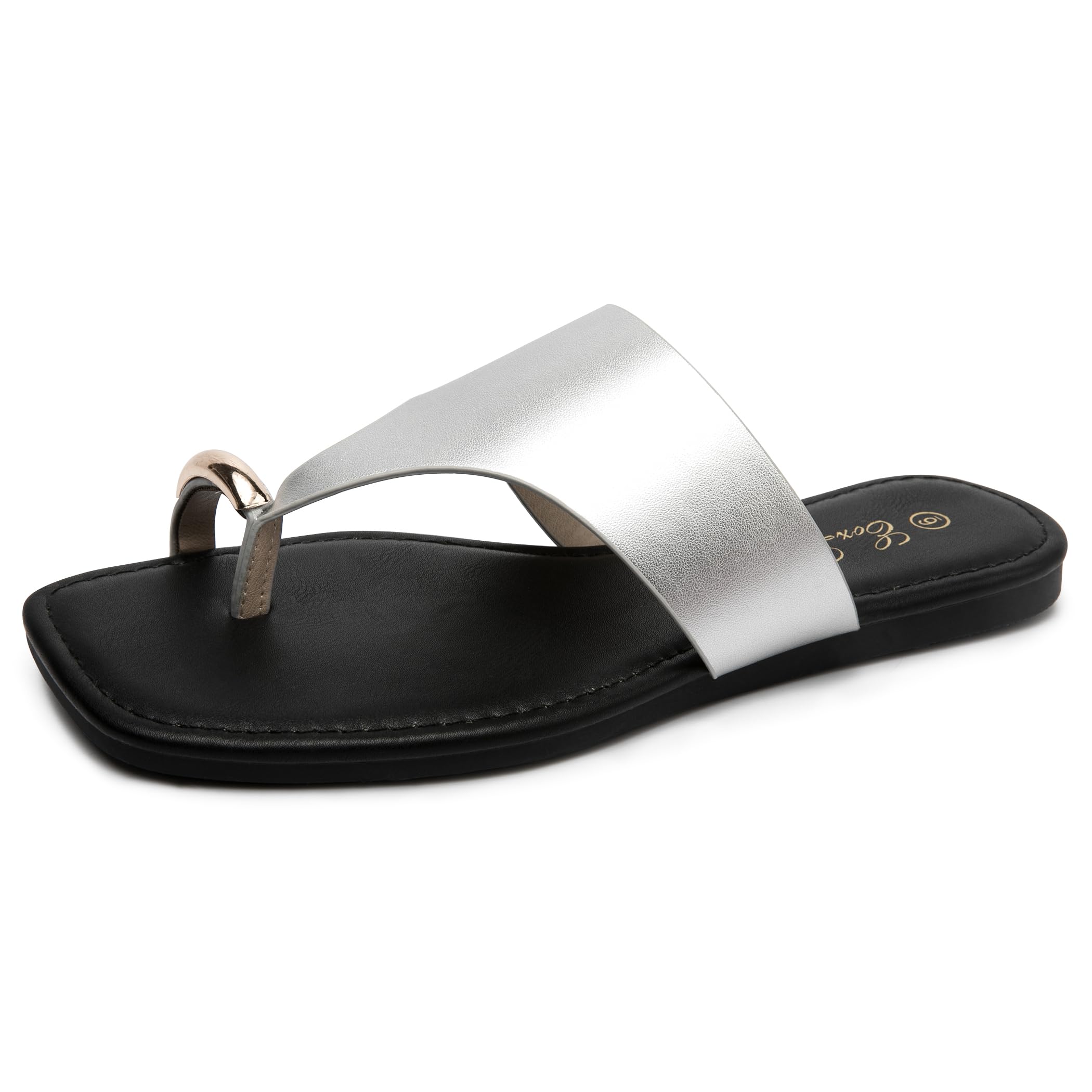 Eozlink Women's Toe Ring Flat Sandals, Slip On Dressy Summer Slides | PU Upper with Square Toe and Metal Accent for Resort and Casual Outfits