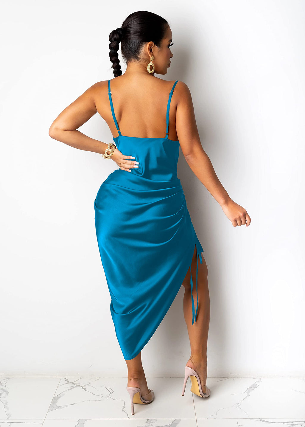 Women's Spaghetti Strap Satin Dress Sexy Backless Drawstring Ruched Split Hem Cocktail Evening Party