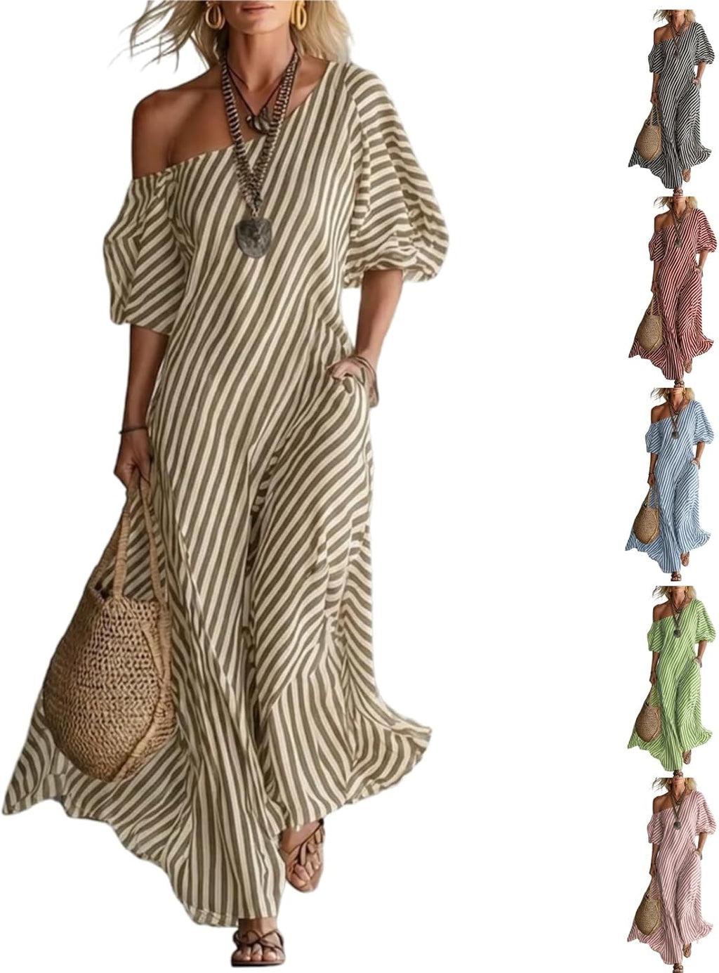 Women's Elegant and Classic Striped Off-Shoulder Maxi Dress,Summer Flutter Short Sleeve One Shoulder Loose Flowy Long Dress