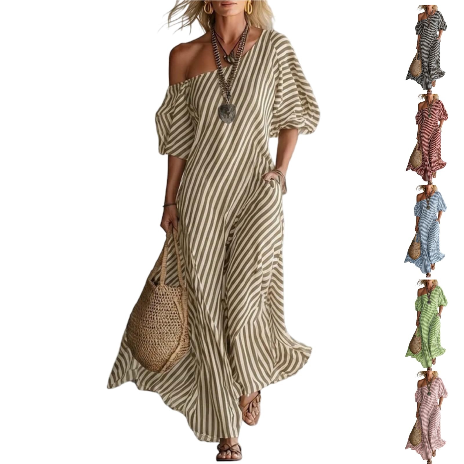 Women's Elegant and Classic Striped Off-Shoulder Maxi Dress,Summer Flutter Short Sleeve One Shoulder Loose Flowy Long Dress