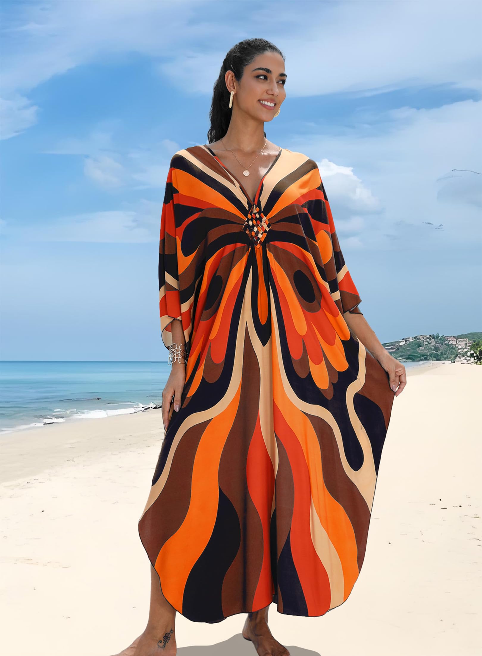 Yanziliu Kaftan Dress for Women,Plus Size Hawaiian Batwing Sleeve Beach Cover Up Summer Swimsuit Dresses