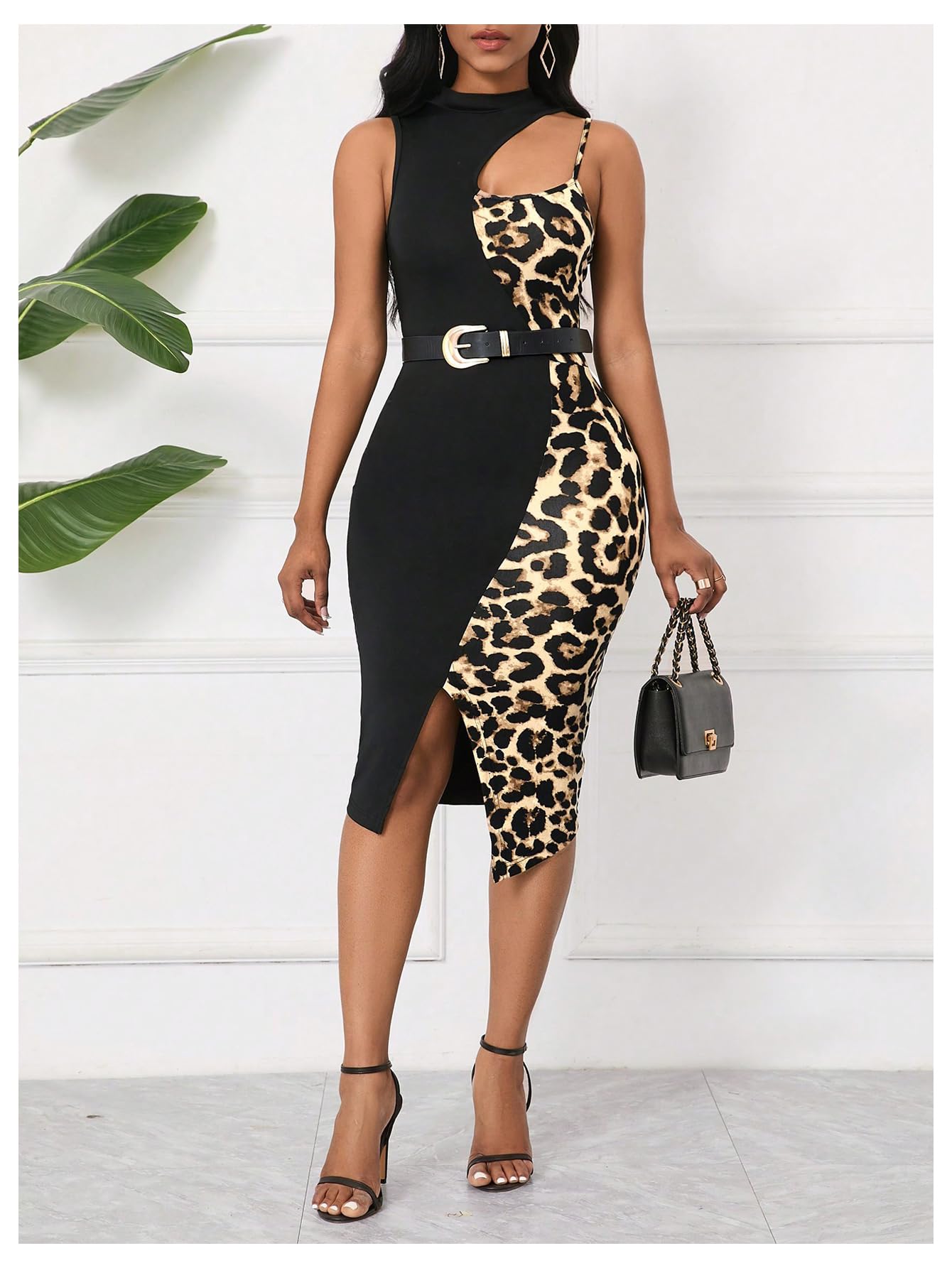 GORGLITTER Women's Cheetah Leopard Animal Print Patchwork Y2K Midi Dress | Tie Front, Split Slit Bodycon Dress, Rave Going Out Outfits, Church Graduation Dinner Dress