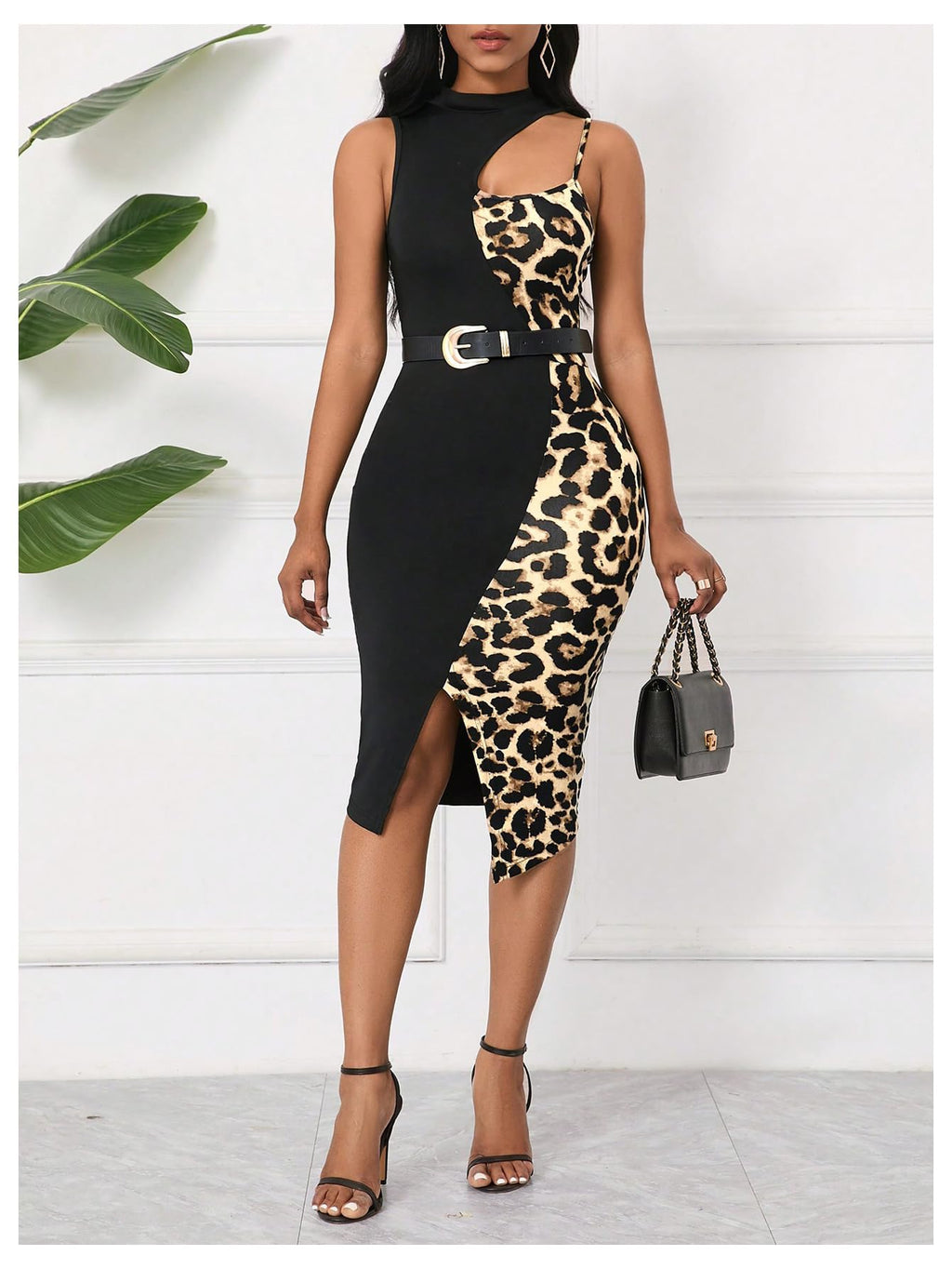 GORGLITTER Women's Cheetah Leopard Animal Print Patchwork Y2K Midi Dress | Tie Front, Split Slit Bodycon Dress, Rave Going Out Outfits, Church Graduation Dinner Dress
