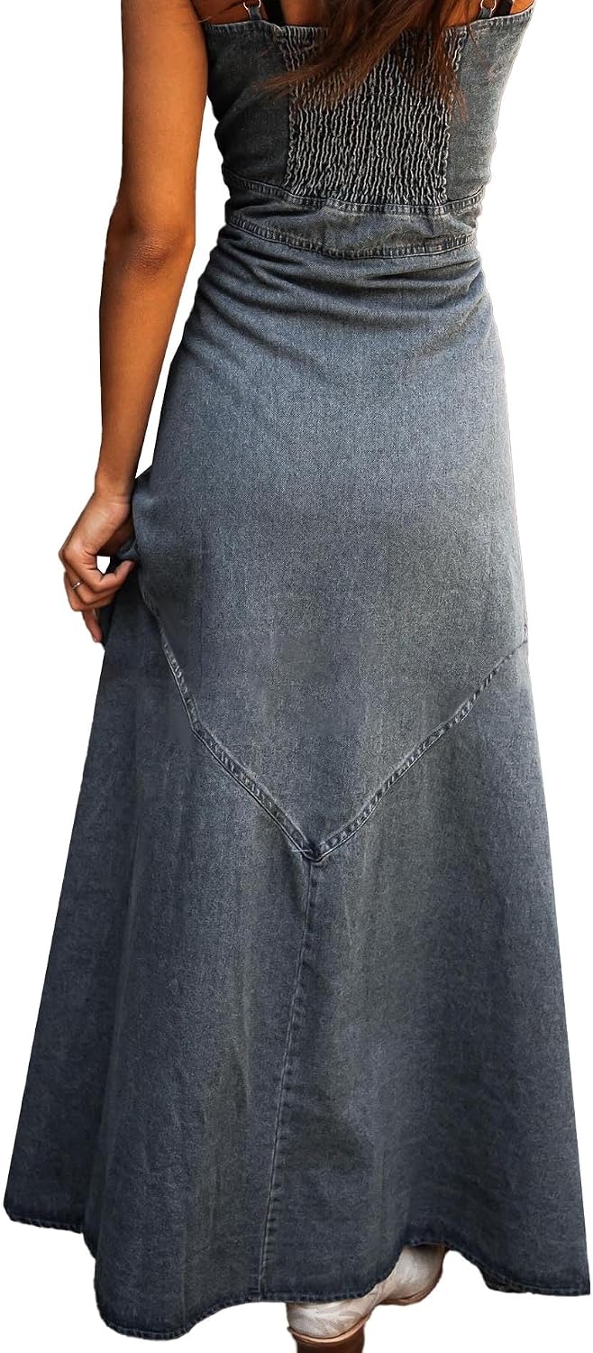 Sexyshine Women's Button Down Smocked Denim Dress Spaghetti Strap Sleeveless A-Line Flared Flowy Maxi Jean Dress
