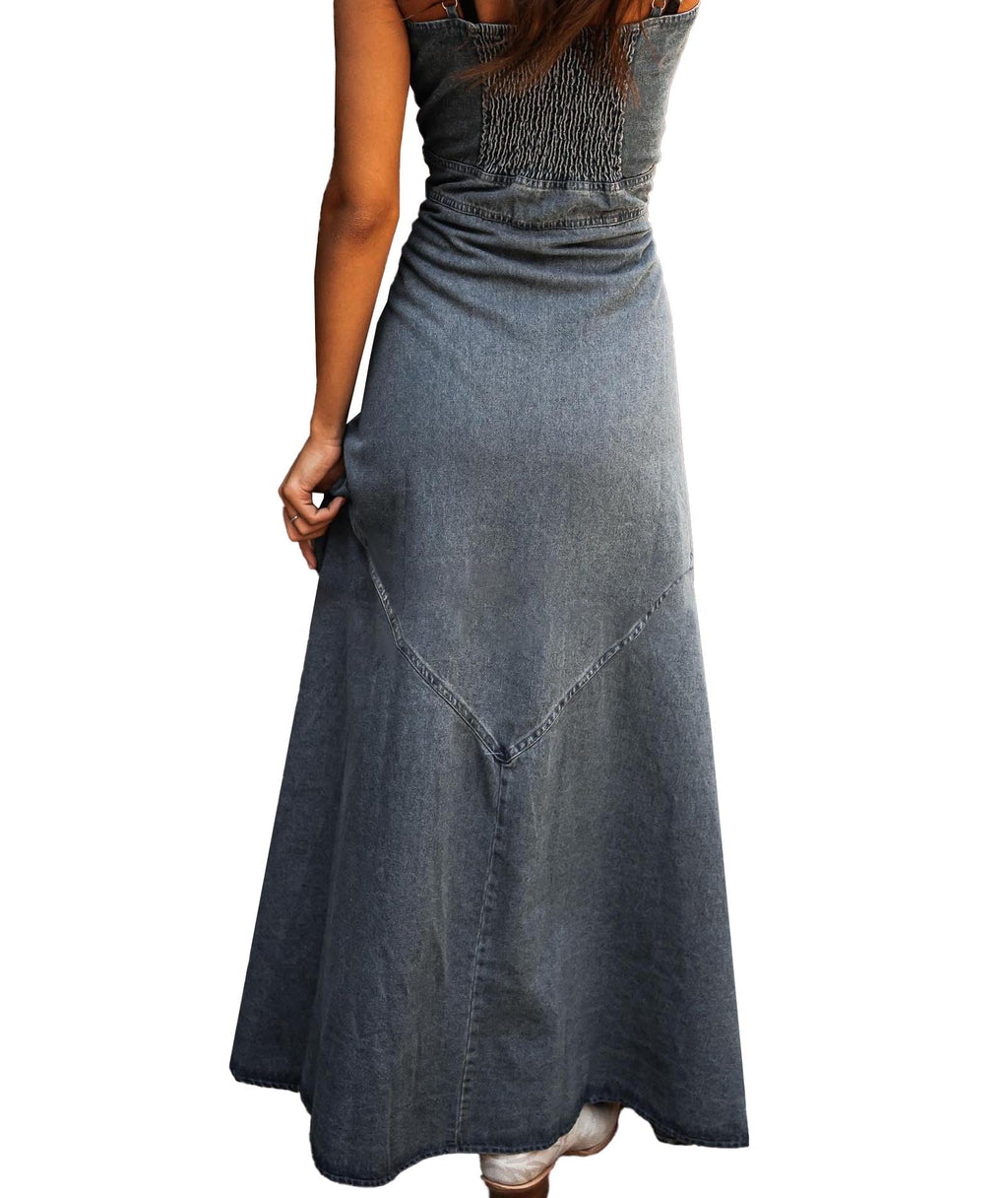 Sexyshine Women's Button Down Smocked Denim Dress Spaghetti Strap Sleeveless A-Line Flared Flowy Maxi Jean Dress